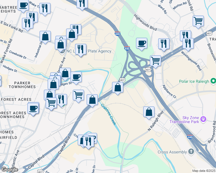 map of restaurants, bars, coffee shops, grocery stores, and more near 2499 Ratchford Drive in Raleigh