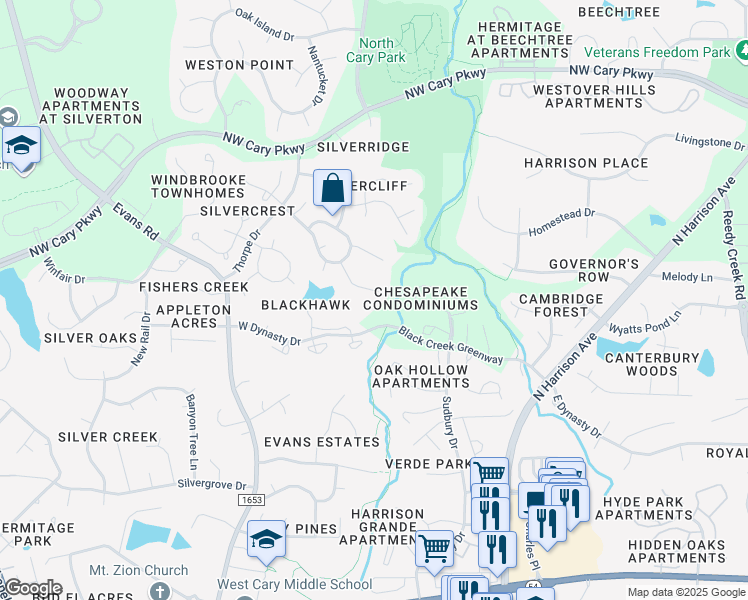 map of restaurants, bars, coffee shops, grocery stores, and more near 120 Waterfall Court in Cary