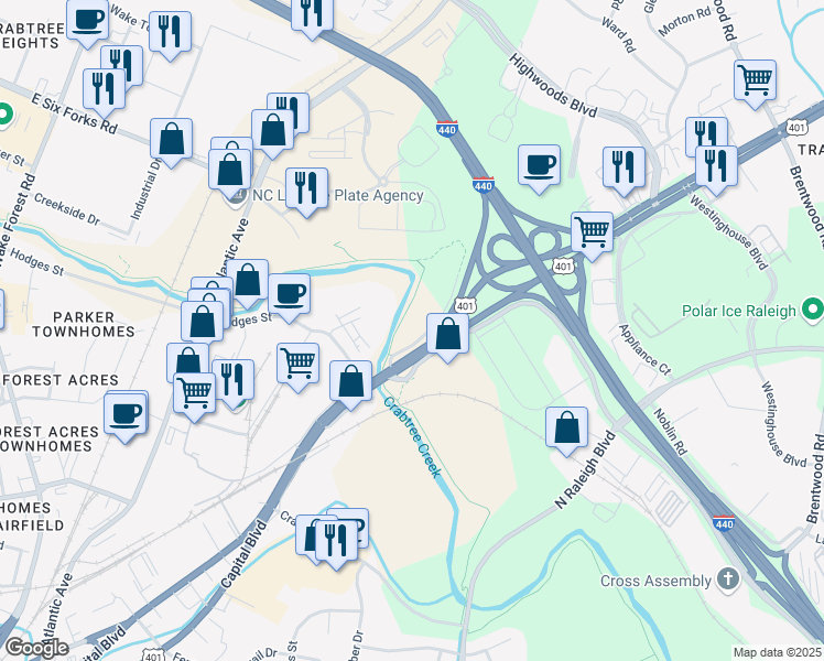 map of restaurants, bars, coffee shops, grocery stores, and more near 2501 Capital Boulevard in Raleigh