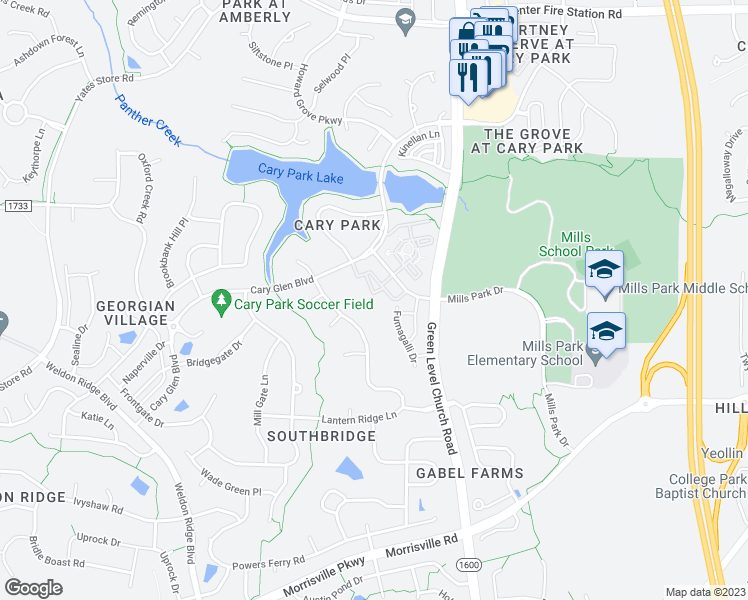 map of restaurants, bars, coffee shops, grocery stores, and more near 117 Ballyliffen Lane in Cary