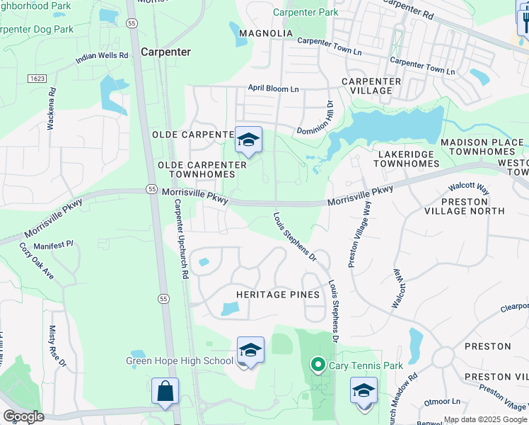 map of restaurants, bars, coffee shops, grocery stores, and more near 2557 Legrande Way in Cary