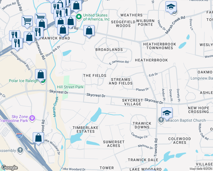 map of restaurants, bars, coffee shops, grocery stores, and more near 2401 Trout Stream Drive in Raleigh