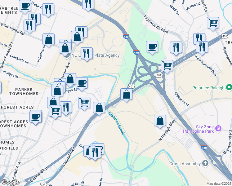 map of restaurants, bars, coffee shops, grocery stores, and more near 2501 Capital Boulevard in Raleigh