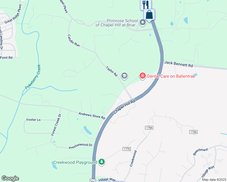 map of restaurants, bars, coffee shops, grocery stores, and more near 50 Allendale Drive in Pittsboro