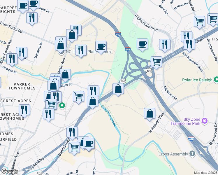 map of restaurants, bars, coffee shops, grocery stores, and more near 2499 Ratchford Drive in Raleigh