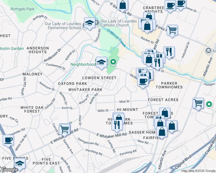 map of restaurants, bars, coffee shops, grocery stores, and more near 601 Fallon Grove Way in Raleigh