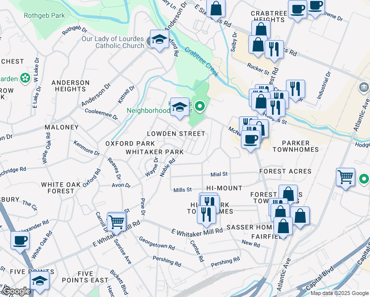 map of restaurants, bars, coffee shops, grocery stores, and more near 2328 Noble Road in Raleigh
