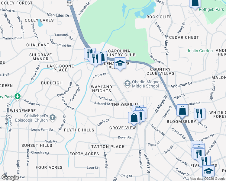 map of restaurants, bars, coffee shops, grocery stores, and more near 2710 Peachtree Street in Raleigh