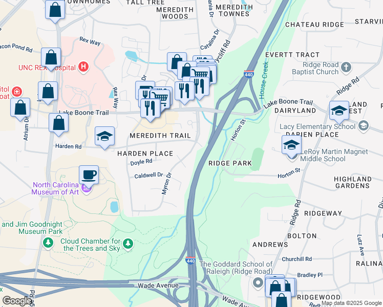 map of restaurants, bars, coffee shops, grocery stores, and more near 2200 West Charlotte Court in Raleigh