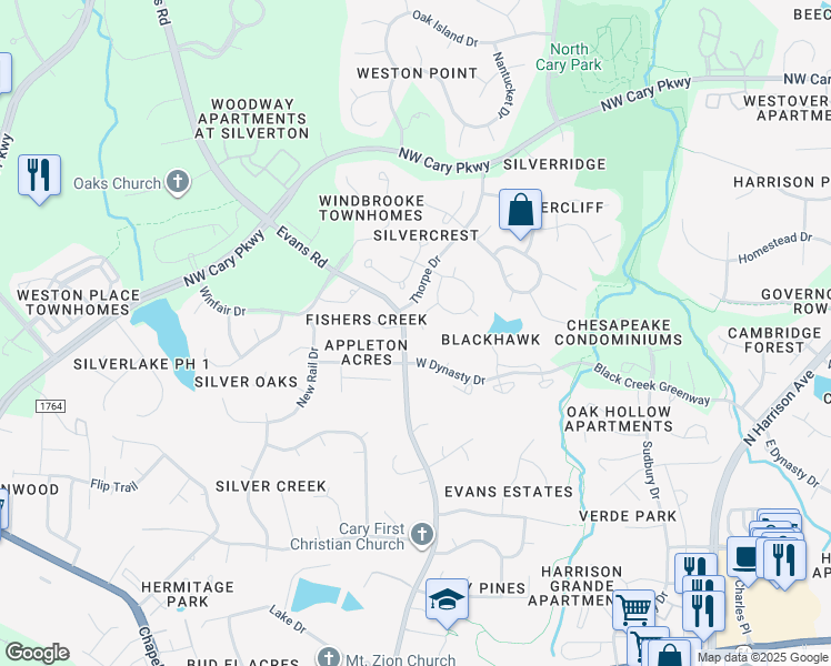 map of restaurants, bars, coffee shops, grocery stores, and more near 101 Fishers Creek Court in Cary