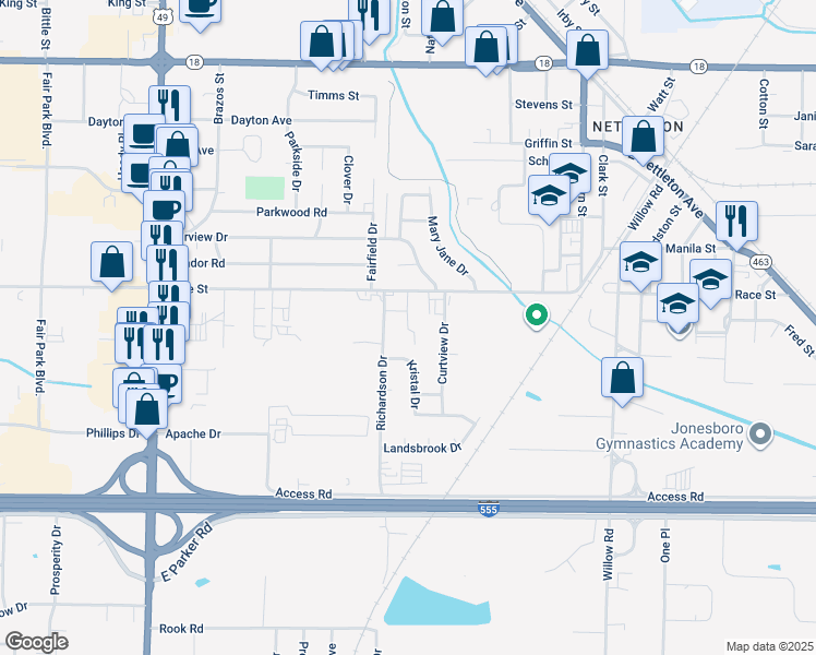 map of restaurants, bars, coffee shops, grocery stores, and more near 2703 Curtview Drive in Jonesboro