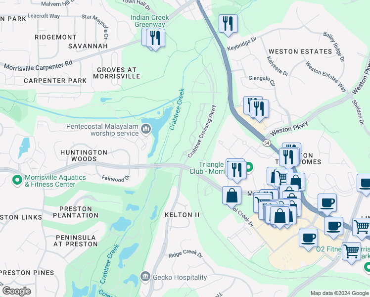 map of restaurants, bars, coffee shops, grocery stores, and more near 1325 Sterling Green Drive in Morrisville