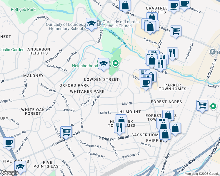 map of restaurants, bars, coffee shops, grocery stores, and more near 601 Fallon Grove Way in Raleigh