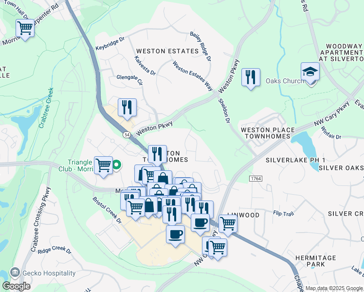 map of restaurants, bars, coffee shops, grocery stores, and more near in Cary