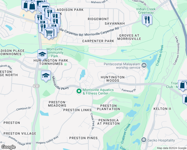 map of restaurants, bars, coffee shops, grocery stores, and more near 140 Black Ridge Street in Morrisville