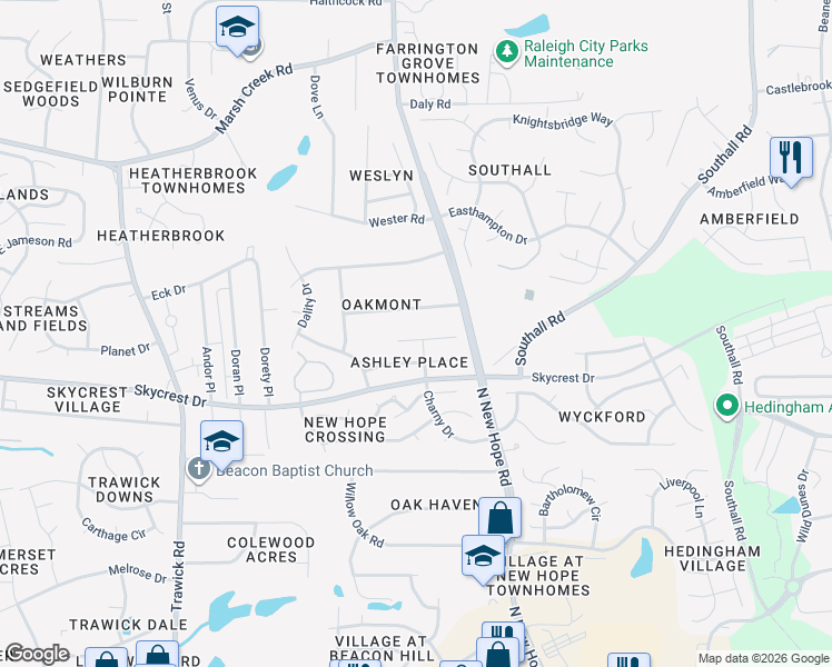 map of restaurants, bars, coffee shops, grocery stores, and more near 4121 Palafox Court in Raleigh