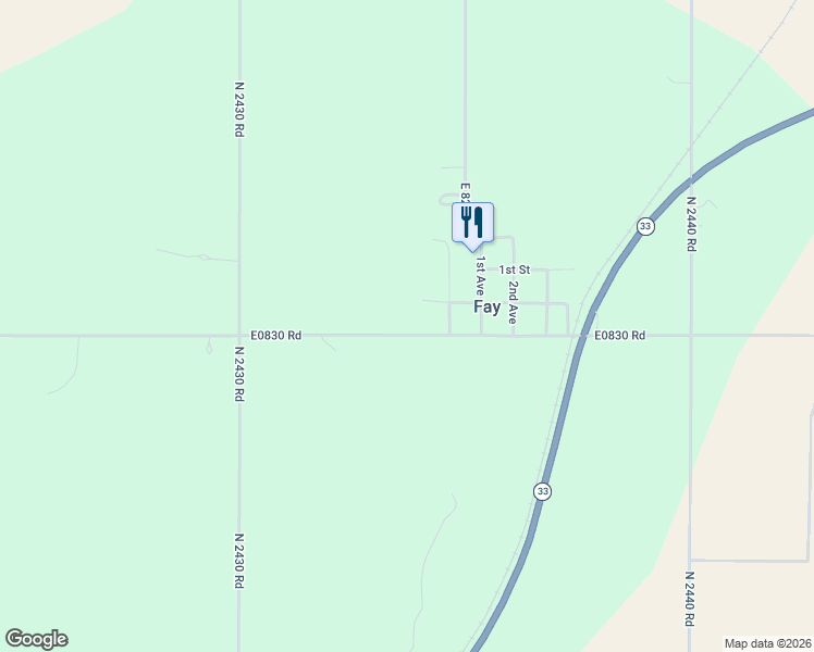 map of restaurants, bars, coffee shops, grocery stores, and more near E0830 Road in Fay
