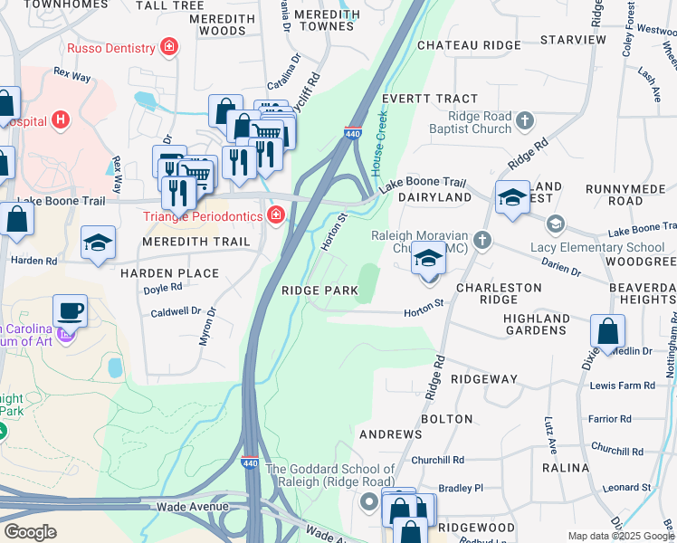 map of restaurants, bars, coffee shops, grocery stores, and more near 1723 Hickory Overlook Trail in Raleigh