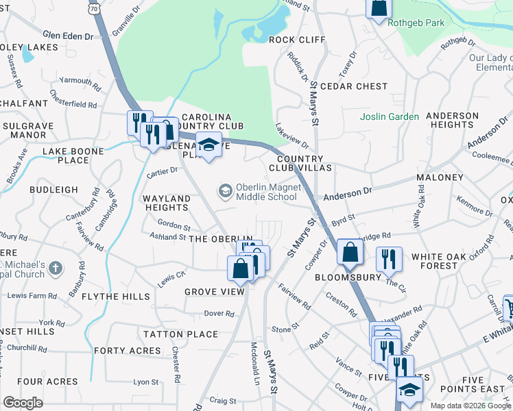 map of restaurants, bars, coffee shops, grocery stores, and more near 2543 Sanderson Drive in Raleigh