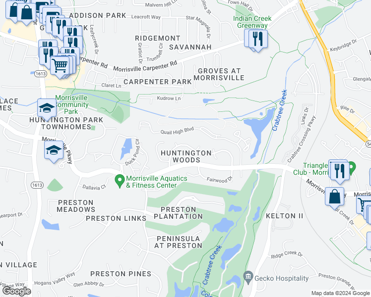 map of restaurants, bars, coffee shops, grocery stores, and more near 116 Waltons Creek Road in Morrisville