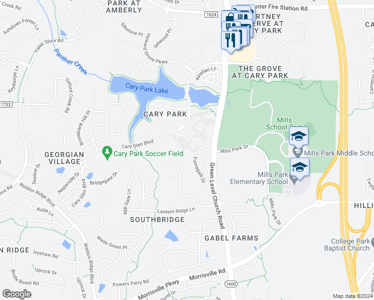map of restaurants, bars, coffee shops, grocery stores, and more near 107 Ballyliffen Lane in Cary