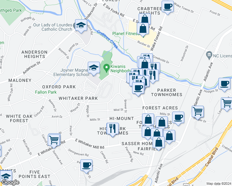 map of restaurants, bars, coffee shops, grocery stores, and more near 2227 Bernard Street in Raleigh