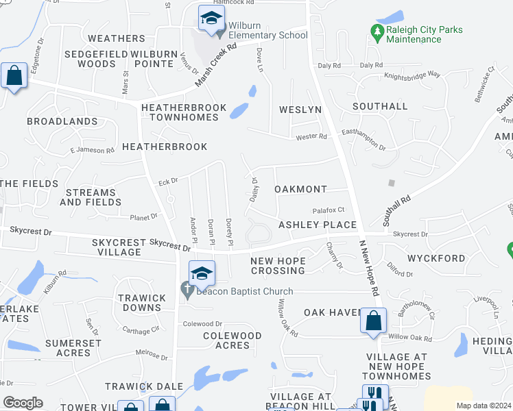 map of restaurants, bars, coffee shops, grocery stores, and more near 2428 Diquedo Drive in Raleigh