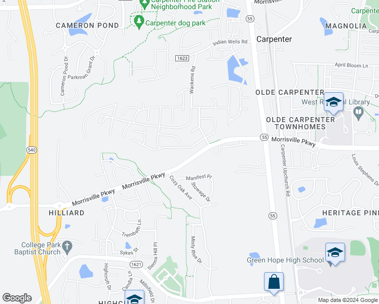 map of restaurants, bars, coffee shops, grocery stores, and more near 2829 Banks Knoll Drive in Cary