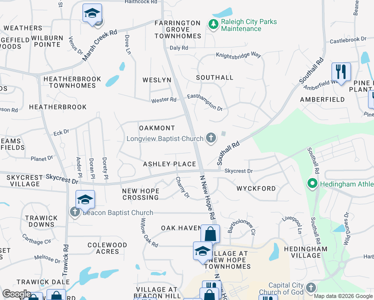 map of restaurants, bars, coffee shops, grocery stores, and more near 4228 Palafox Court in Raleigh