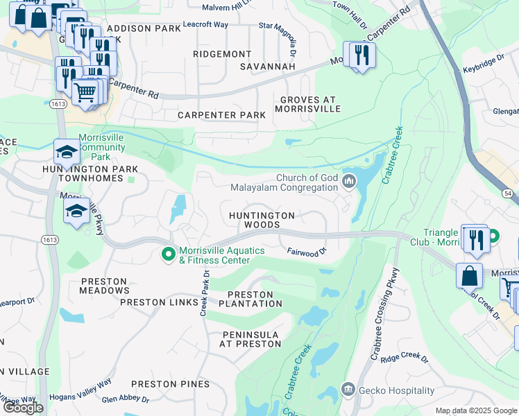 map of restaurants, bars, coffee shops, grocery stores, and more near 116 Waltons Creek Road in Morrisville