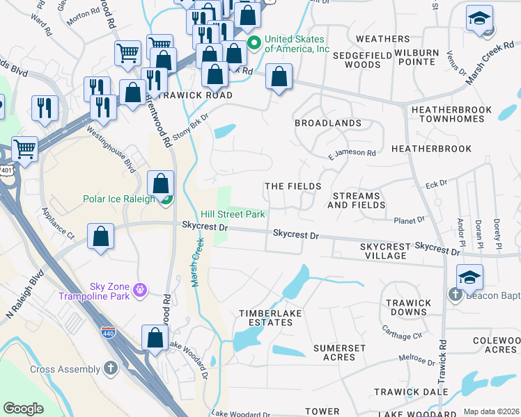 map of restaurants, bars, coffee shops, grocery stores, and more near 2310 Hill Street in Raleigh