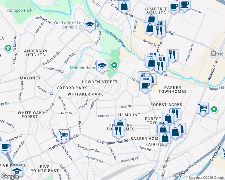 map of restaurants, bars, coffee shops, grocery stores, and more near 601 Fallon Grove Way in Raleigh