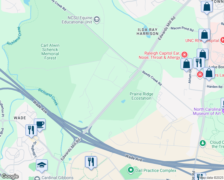 map of restaurants, bars, coffee shops, grocery stores, and more near Edwards Mill Road in Raleigh