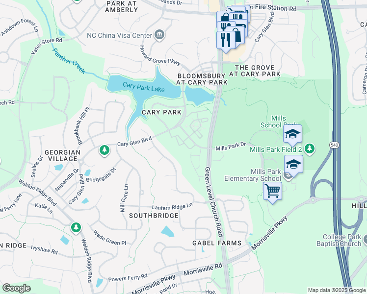 map of restaurants, bars, coffee shops, grocery stores, and more near 119 Ballyliffen Lane in Cary