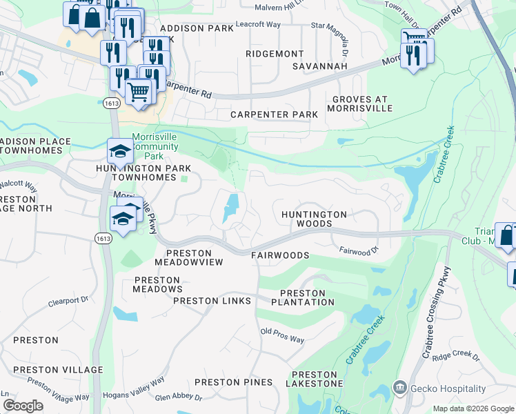 map of restaurants, bars, coffee shops, grocery stores, and more near 140 Black Ridge Street in Morrisville