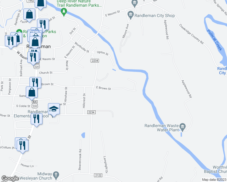 map of restaurants, bars, coffee shops, grocery stores, and more near 602 East Brown Street in Randleman