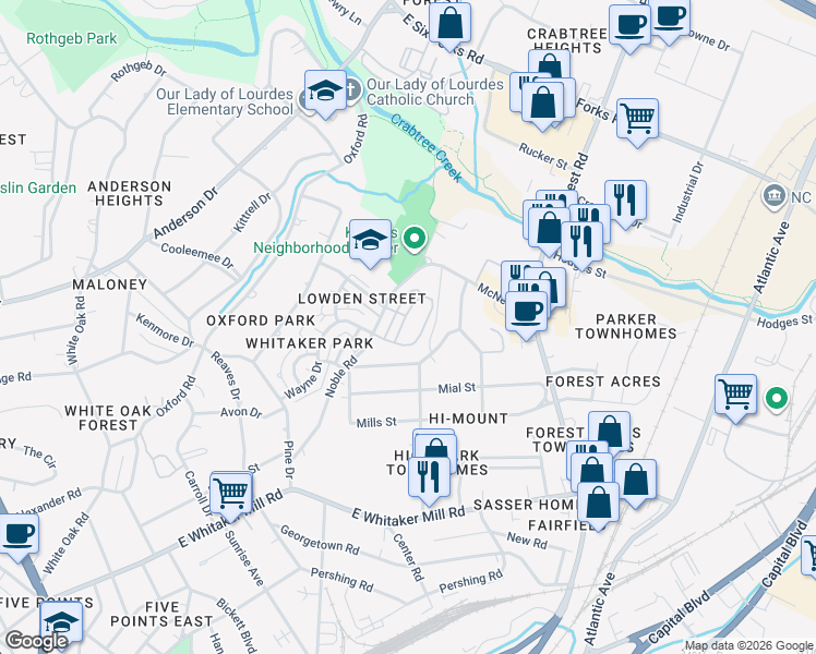 map of restaurants, bars, coffee shops, grocery stores, and more near 601 Fallon Grove Way in Raleigh