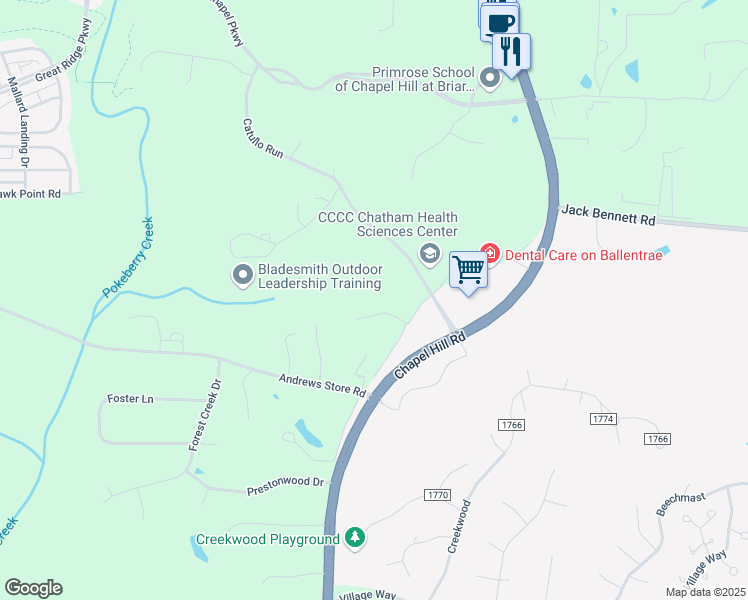 map of restaurants, bars, coffee shops, grocery stores, and more near 86 Allendale Drive in Pittsboro
