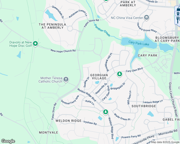 map of restaurants, bars, coffee shops, grocery stores, and more near 640 Sealine Drive in Cary