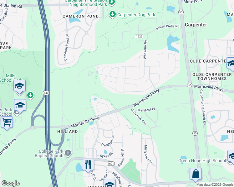 map of restaurants, bars, coffee shops, grocery stores, and more near 3017 Banks Knoll Drive in Cary