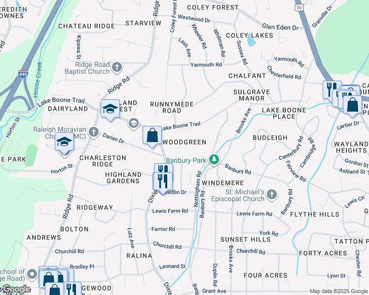 map of restaurants, bars, coffee shops, grocery stores, and more near 3005 Upland Circle in Raleigh