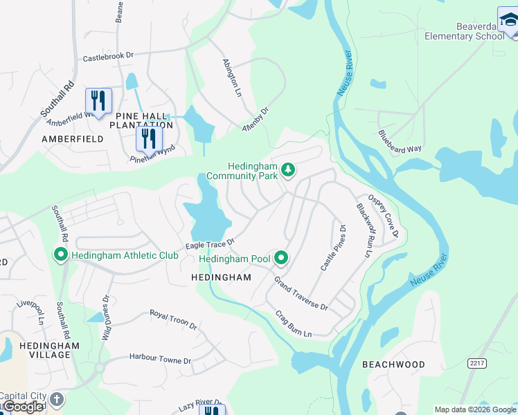 map of restaurants, bars, coffee shops, grocery stores, and more near 2000 Thornblade Drive in Raleigh