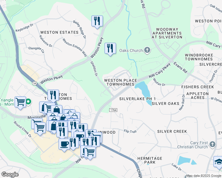 map of restaurants, bars, coffee shops, grocery stores, and more near 3067 Weston Green Loop in Cary