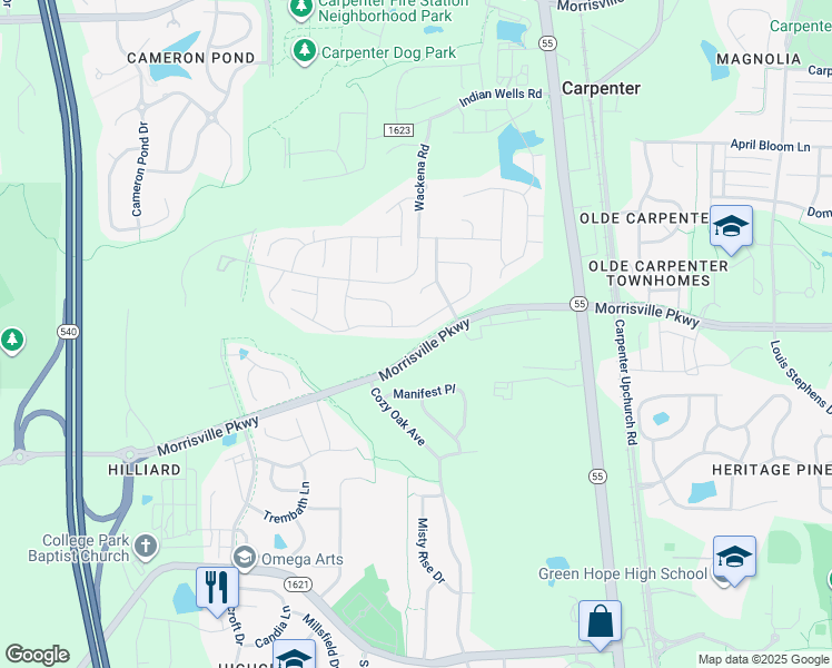 map of restaurants, bars, coffee shops, grocery stores, and more near 2829 Banks Knoll Drive in Cary