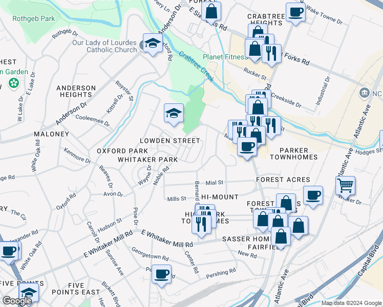 map of restaurants, bars, coffee shops, grocery stores, and more near 761 Fallon Grove Way in Raleigh
