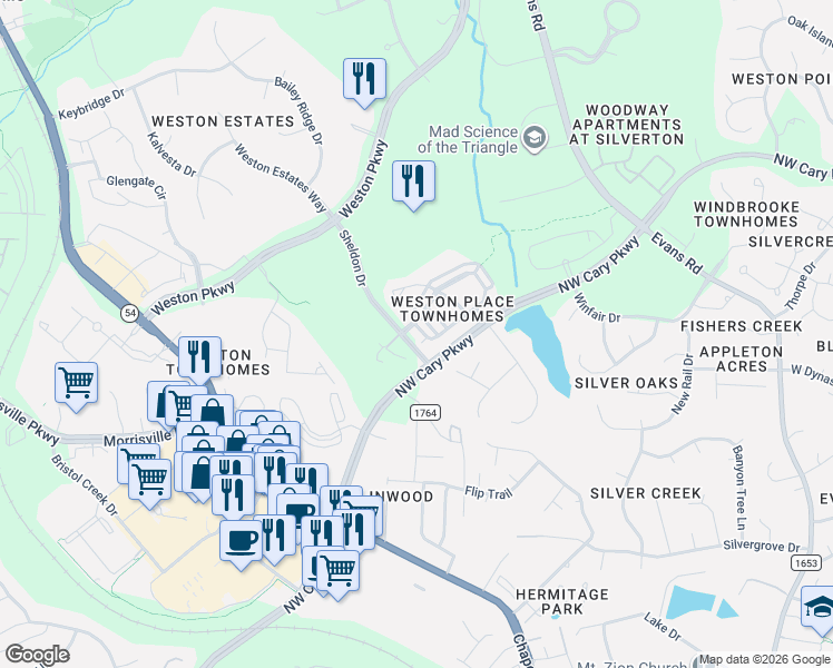 map of restaurants, bars, coffee shops, grocery stores, and more near 3067 Weston Green Loop in Cary