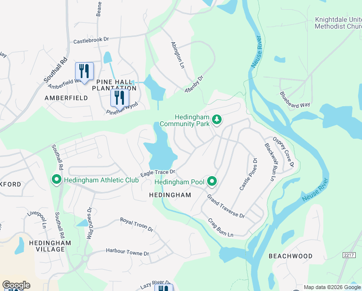 map of restaurants, bars, coffee shops, grocery stores, and more near 2000 Thornblade Drive in Raleigh