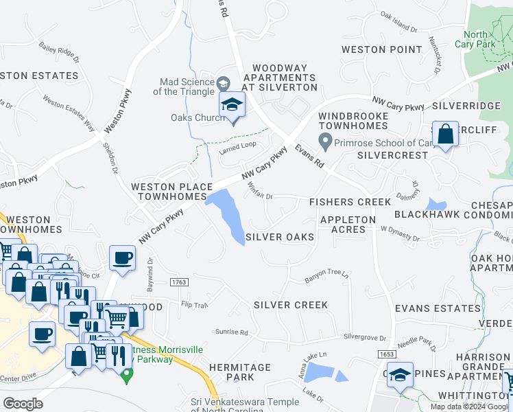 map of restaurants, bars, coffee shops, grocery stores, and more near 104 Chancellors Ridge Court in Cary