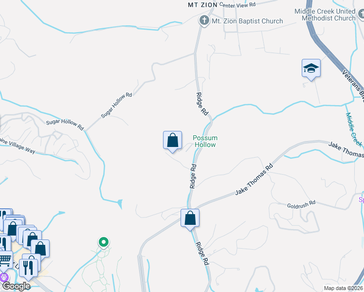map of restaurants, bars, coffee shops, grocery stores, and more near 2032 Ridge Road in Pigeon Forge