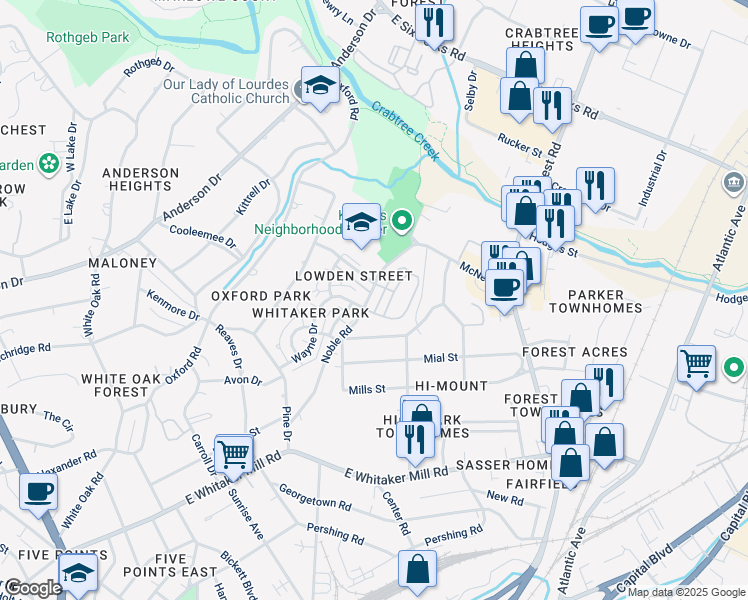 map of restaurants, bars, coffee shops, grocery stores, and more near 2328 Noble Road in Raleigh